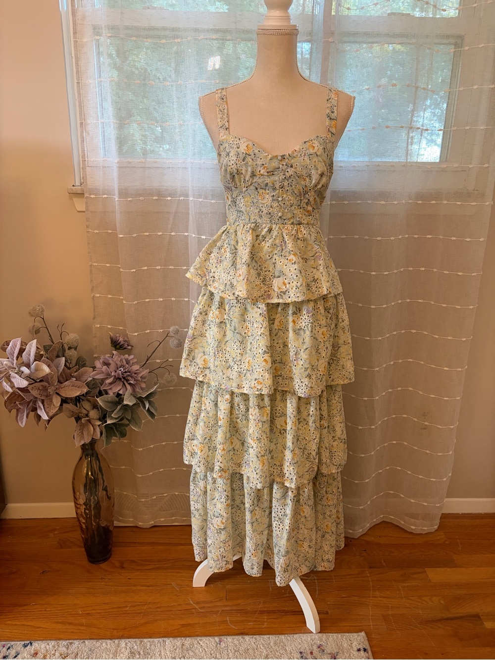 ASTR The Label Floral Eyelet Tiered Ruffle Maxi Dress S